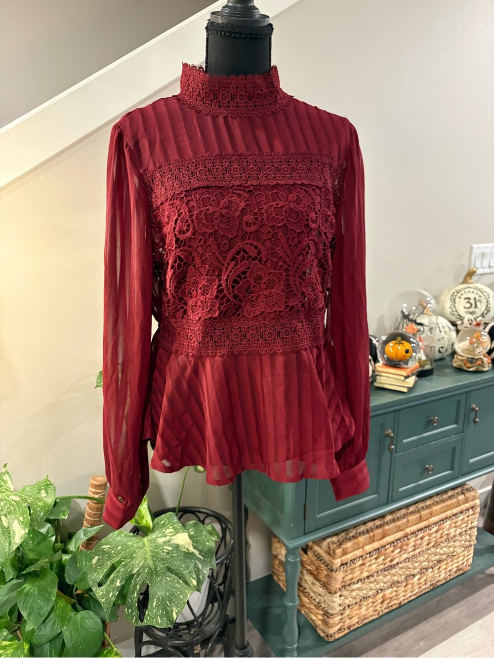 Haute Monde Burgundy Lace High-Neck Pleated Blouse